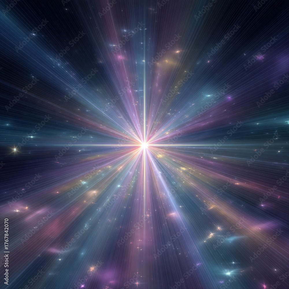 Fototapeta premium Radiant pastel starburst with sharp center and lilac-pink bokeh on black background