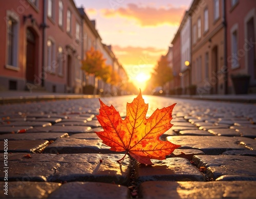 Autumn Leaf on Cobblestone Street with Sunset in the Background
