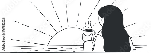 A serene illustration of a woman enjoying coffee while watching a beautiful sunrise at the beach.