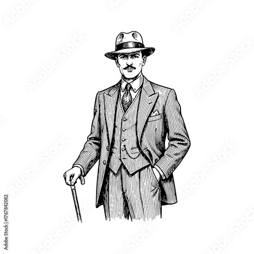 Black and White Engraving of a Dapper Man in Classic 1920s Attire with Fedora Hat, drawn in an engraved, woodcut style with fine details sketch engraving vector illustration.