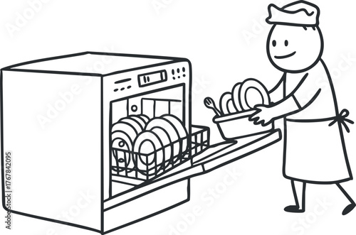 A cartoon illustration of a person loading clean dishes into a dishwasher in a kitchen.
