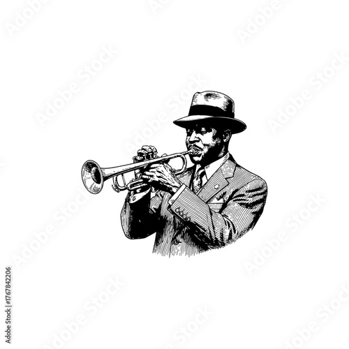 Engraving of Vintage Jazz Musician Playing Trumpet.