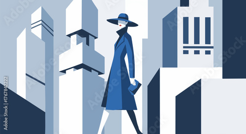 Stylish woman walks confidently in a city landscape