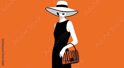Stylish woman in black dress and hat against orange