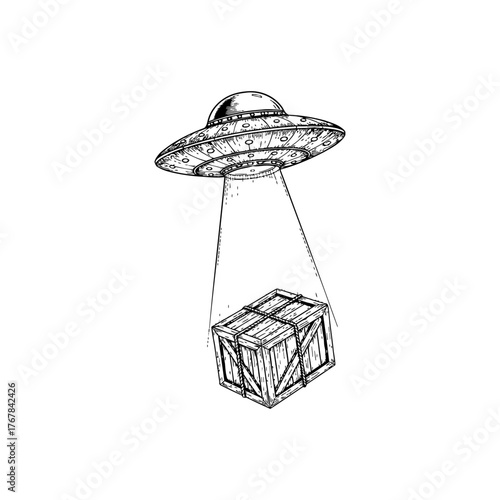 UFO Beaming Up Package Illustration in Vintage Engraving.