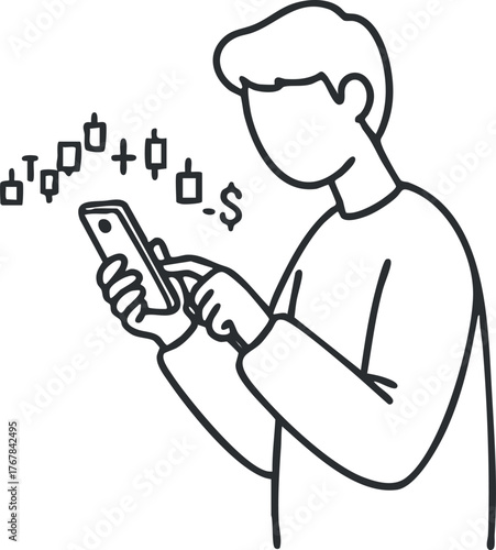 A person using a smartphone for trading and financial analysis with stock market charts