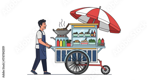 Street Food Vendor Pushing Colorful Cart with Umbrella.