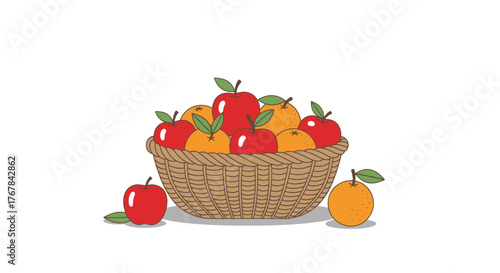 Woven Basket Overflowing with Fresh Red and Yellow Apples Illustration.