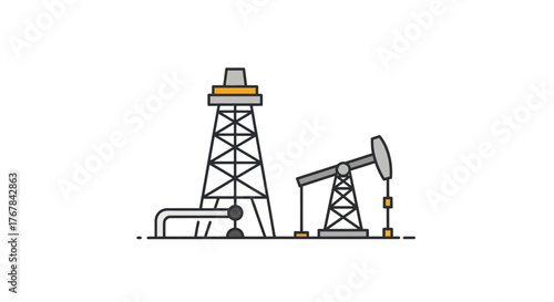 Industrial oil rig and pumpjack with pipeline illustration.