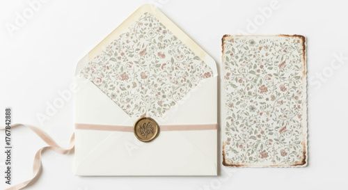 Elegant Open Envelope with Floral Lining Wax Seal and Matching Card.