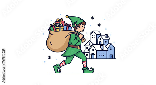 A Christmas elf in a green suit carries a large sack full of presents through a snowy town.