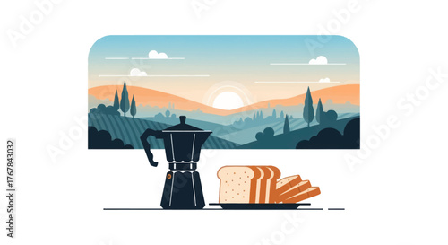 Italian Moka Pot and Sliced Bread with Scenic Sunrise Landscape.