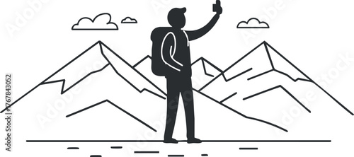 A hiker taking a selfie against a picturesque mountain backdrop showcasing nature's beauty.