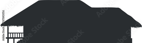 Silhouette of a traditional hut with a thatched roof set against a clear background.