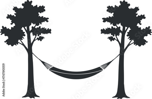 A silhouette of a hammock suspended between two trees in a tranquil outdoor setting.