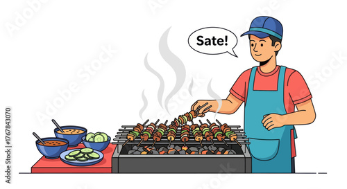 Man Grilling Delicious Satay Skewers on a Smoky Charcoal Grill.