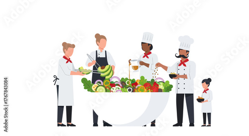 Diverse team of adult and child chefs preparing a fresh vegetable meal together.