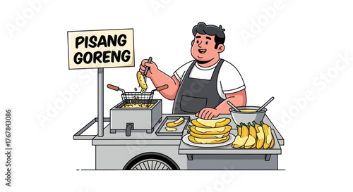 Cheerful vendor frying bananas at a street food stall Pisang Goreng.