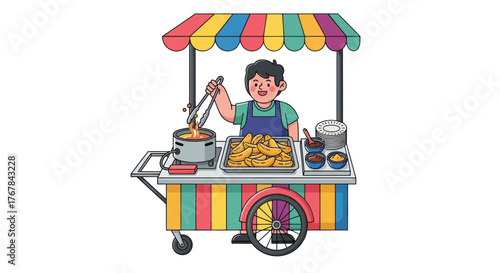 A cheerful cartoon street food vendor cooking at his colorful striped cart.
