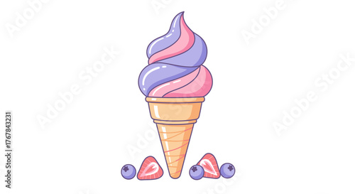 Swirled Pink and Purple Soft Serve Ice Cream Cone with Berries.