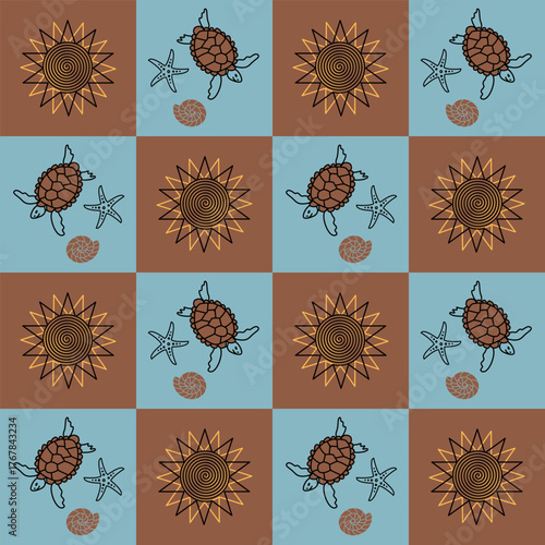Vector seamless checkered pattern in brown and blue tones with stylized turtles, snails, starfish, and sun. Ideal for coastal decor, fabric, and summer design.