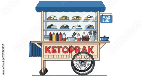 Colorful Indonesian Ketoprak Food Cart with Displayed Dishes.