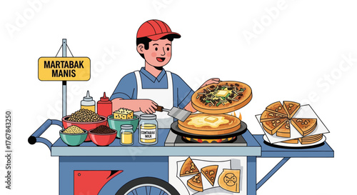 Martabak Manis Vendor with Cart and Ingredients Preparing Sweet Pancake.