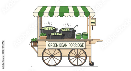 Traditional Wooden Street Food Cart Selling Steaming Green Bean Porridge.