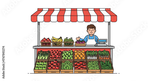 Cartoon Illustration of a Vibrant Fruit and Vegetable Stand with Smiling Vendor.