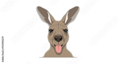 A funny illustrated kangaroo head with large ears and its pink tongue sticking out.
