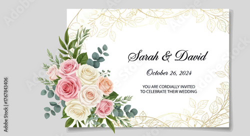 Elegant Wedding Invitation with Floral Accents and Couples Names.