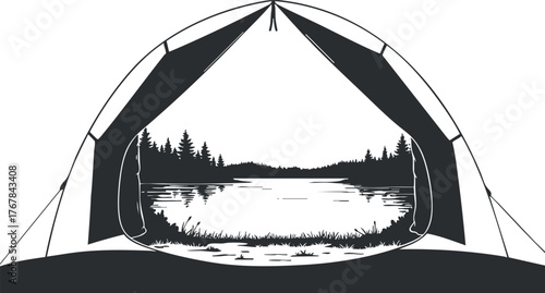 A minimalist illustration of a camping tent with a scenic view of a lake and forest.