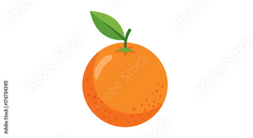 A single whole ripe orange citrus fruit with a small green leaf and stem.