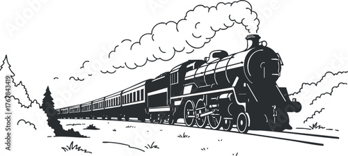 A vintage steam locomotive pulling passenger cars along a scenic railway track.