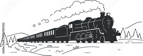 A vintage steam train traveling through a scenic countryside landscape with trees and smoke.