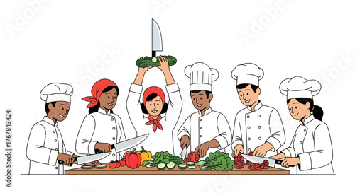 Group of Chefs Preparing Vegetables in a Kitchen Setting.