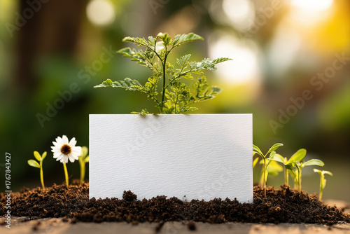 Blank seed packet mockup standing in garden soil with tiny green sprouts and golden hour sunlight