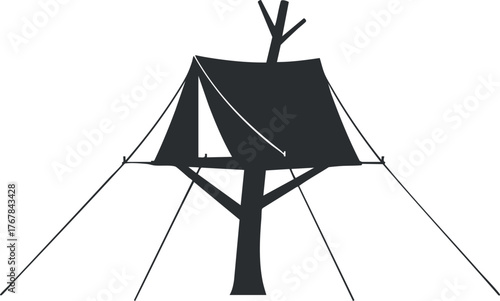 A minimalist illustration of a treehouse suspended in a tree with ropes.