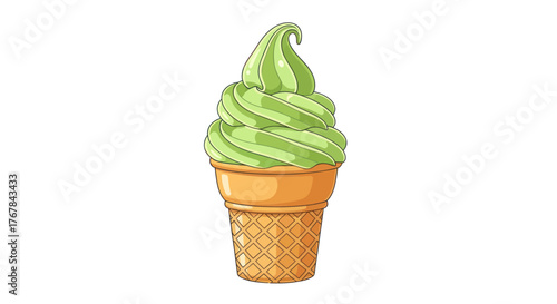 Green Soft Serve Ice Cream Cone Illustration.