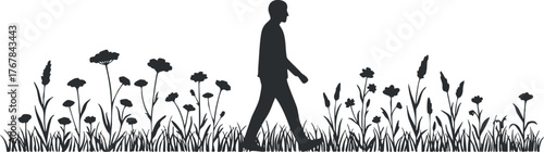 A silhouette of a man walking amidst stylized flowers and grass in a serene setting.