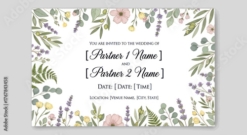 Elegant Floral Wedding Invitation Card Template with Botanical Border.