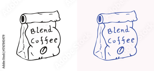 A playful hand drawn coffee blend bag in black and blue in doodle style, ideal for coffee packaging and product branding.