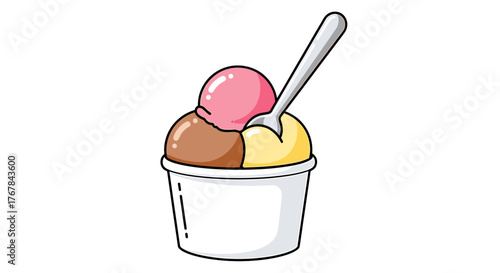 A cup of happiness with three scoops of ice cream. Pink, brown, and yellow, with a spoon, ready to eat and enjoy it.