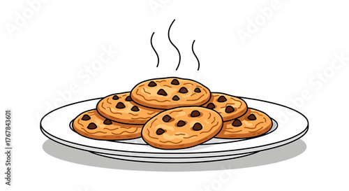 A delectable plate of chocolate chip cookies, fresh from the oven, exudes a warm aroma tempting to taste.