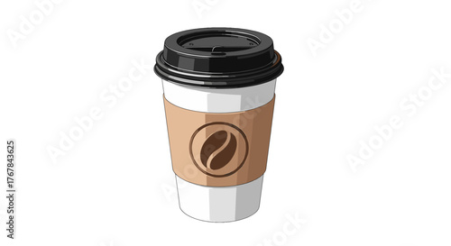 A takeaway coffee cup with a black lid and coffee bean design on the sleeve against a stark transparent background.