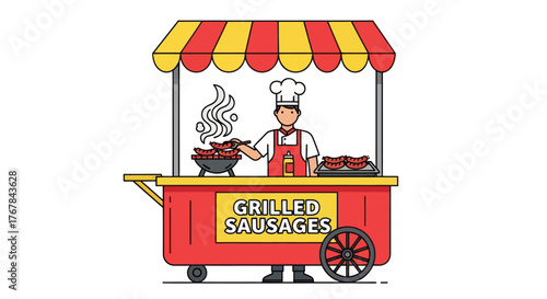 A cartoon chef grilling hot sausages at a red street food vendor cart with a striped awning.