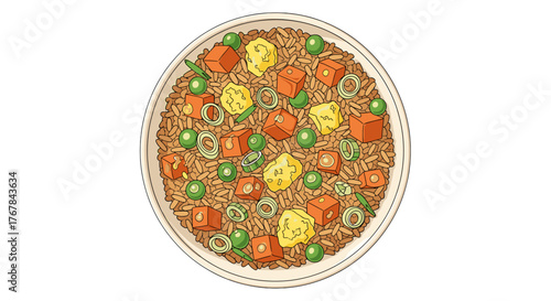 A stylized top-down shot displays a plate of Asian-inspired fried rice, complete with egg, peas, and diced carrots. 