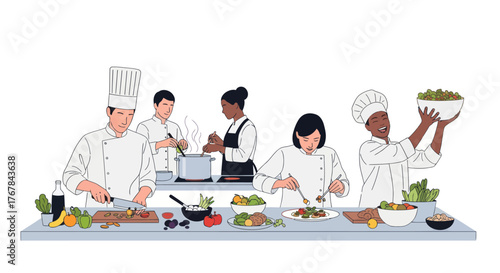 Diverse Professional Chefs Cooking and Preparing Gourmet Food in a Busy Kitchen.