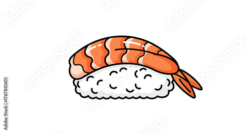 A delectable piece of Ebi Nigiri sushi, where perfectly cooked shrimp rests atop a bed of fluffy, vinegared rice.