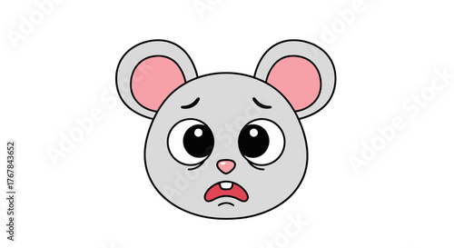 Sad Cartoon Mouse Face with Big Eyes and Pink Ears.